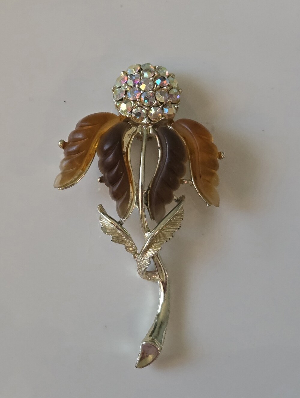 Crystal Accent Brown Amber Leaf Floral Brooch - Women Jewelry